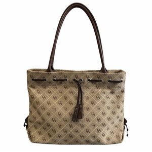 Dooney & Bourke Vintage USA Monogram Satchel Tote Bag Y2K Tassel Logo Brown+Tan